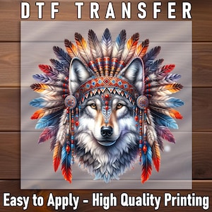 Wolf with Feather Headdress DTF Transfer, Tribal Shirt Art