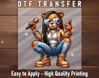 Singer Bear DTF Transfer, Hip Hop Mic Art (Ready to Press)