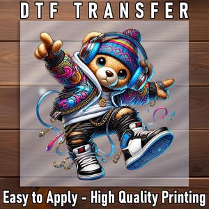 Hip Hop Teddy Bear DTF Transfer, Colorful Streetwear Bear with Headphones, Ready to Press Iron-On, DIY T-Shirt, Urban Fashion Design