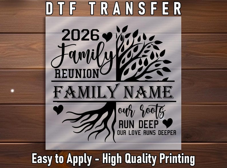 The image is a digital transfer of a family reunion name design featuring a tree with roots and leaves.