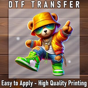 Hip Hop Teddy Bear DTF Transfer, Swag Style Bear with Gold Chains and Bucket Hat, Ready to Press Iron-On, DIY T-Shirt, Urban Streetwear Dtf