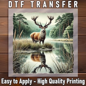 Deer by Lake DTF Transfer, Reflective Wildlife Dtf, Ready to Press, DIY Nature Art for Shirts, Beautiful Deer Print for Outdoor Enthusiasts