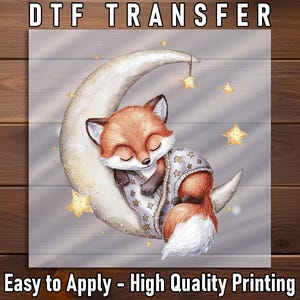 Celestial Baby Fox DTF Transfer, Sleeping Moon and Stars (Nursery Theme)