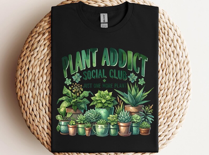 a black t - shirt that says plant addict social club with potted plants