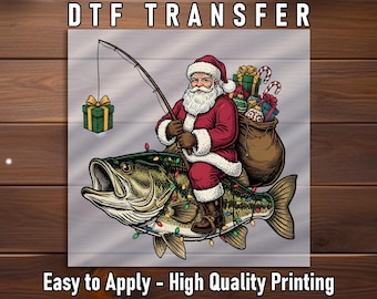 Santa Fishing Bass DTF Transfer, Holiday Fisherman Apparel Ready To Press Shirt