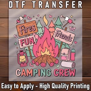Camping Crew DTF Transfer: Campfire, Backpack, and Trees