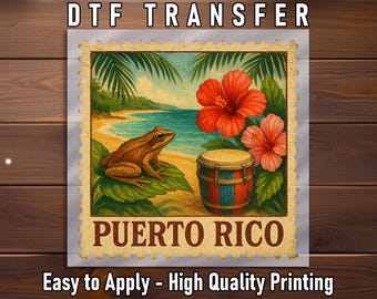 Puerto Rico DTF Transfer: Vintage Stamp Coqui Frog Hibiscus Drum Shirt