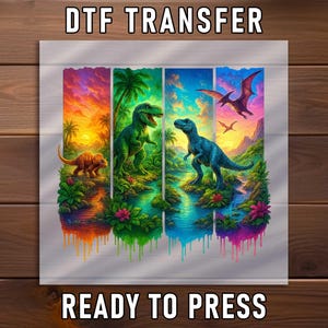 May include: A DTF TRANSFER READY TO PRESS graphic featuring four vertical panels of a prehistoric jungle scene. The artwork displays colorful dinosaurs, including a T-Rex and pterodactyl, amidst lush tropical foliage, vibrant sunsets, and flowing water.
