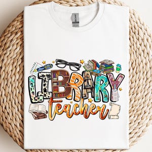 a t - shirt with the words library teacher printed on it
