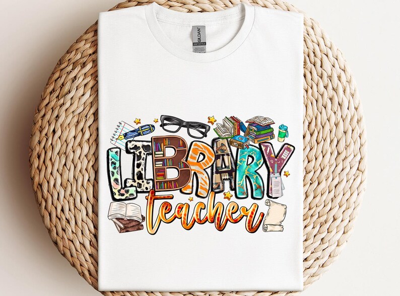 a t - shirt with the words library teacher printed on it