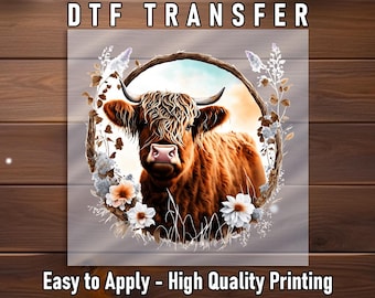 Highland Cow DTF Transfer: Rustic Wildflower Shirt Art