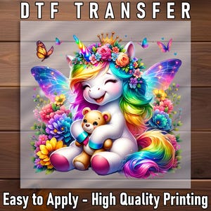 Baby Unicorn DTF Transfer, Crown and Teddy Bear Design, Ready to Press, DIY Baby Clothes, Rainbow Unicorn Gift Idea, Heat Press Print
