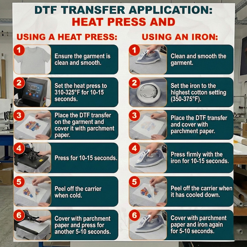 The image is a detailed instructional poster on how to use a heat press and an iron for transferring images onto fabric. It provides step-by-step instructions on how to properly use these machines to achieve a clean and smooth transfer of images onto clothing.