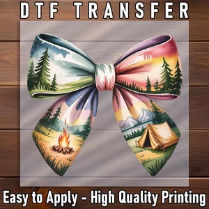 Campfire Bow DTF Transfer: Forest Tent & Sunset Ribbon Design