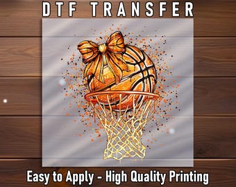 Basketball Bow DTF Transfer: Orange Hoop and Ribbon Sports Shirt Decal Ready to Press