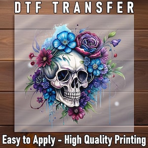 Floral Skull DTF Transfer, Halloween Skull with Colorful Roses and Blue Flowers, Dark Art Shirt Design, Ready to Press Print