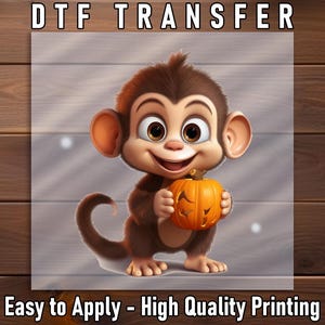 Halloween Monkey DTF Transfer, Cute Cartoon Monkey with Pumpkin, Ready to Press Iron On, DIY Fall Holiday Shirt for Kids