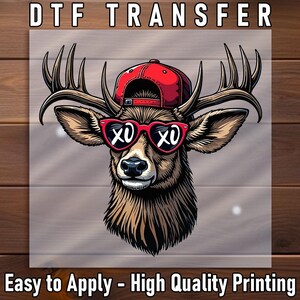 Deer XO DTF Transfer, Fun Design with Heart Glasses and Red Cap, Ready to Press for DIY Shirts, Great for Valentine’s Day or Stylish Apparel