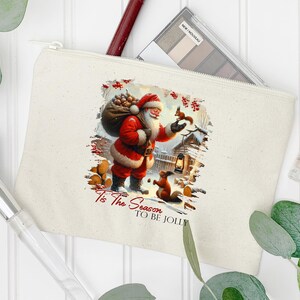 a white bag with a picture of a santa clause on it