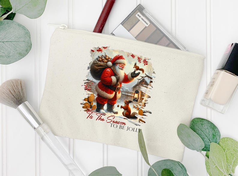 a white bag with a picture of a santa clause on it