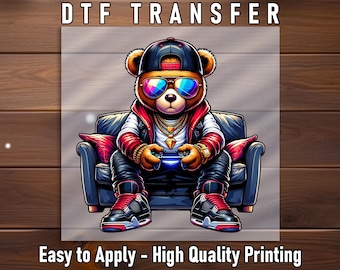 Gaming Bear DTF Transfer, Ready to Press Iron-On for Apparel