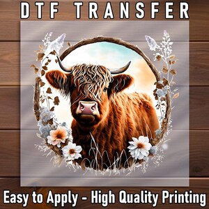 Highland Cow DTF Transfer: Rustic Wildflower Shirt Art