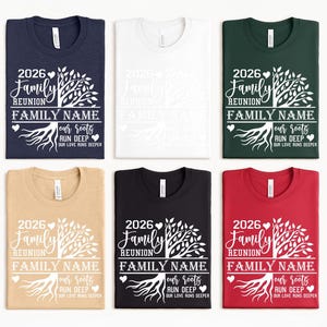 six t-shirts with a family tree design and the text "Family Reunion" printed on them.