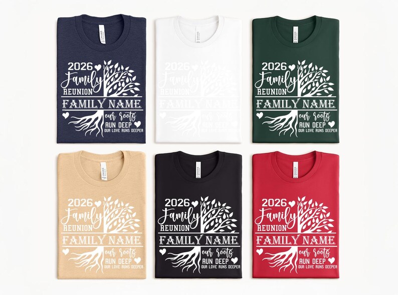 six t-shirts with a family tree design and the text "Family Reunion" printed on them.