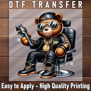 Barber Bear DTF Transfer, Cool Clipper and Gold Chain Design, Ready to Press DIY Iron-On for Unique Shirts, Easy Heat Transfer