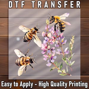 Honey Bee DTF Transfer, Three Bees on Wildflowers, Watercolor Style, Ready to Press Spring Shirt, Nature Insect DIY Print