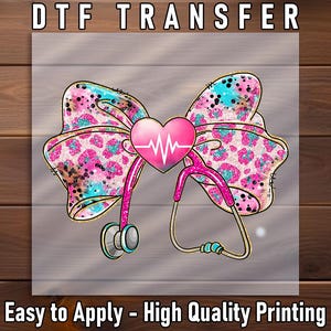 Leopard Nurse Bow Dtf Transfer, Sparkle Heart Stethoscope Design, Cute Medical Bow Print, Ready to Press, Healthcare Shirt Graphic