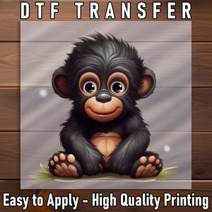 Black Baby Monkey DTF Transfer, Cute Cartoon Jungle Animal for Kids, Ready to Press Iron On, DIY Apparel Heat Transfer