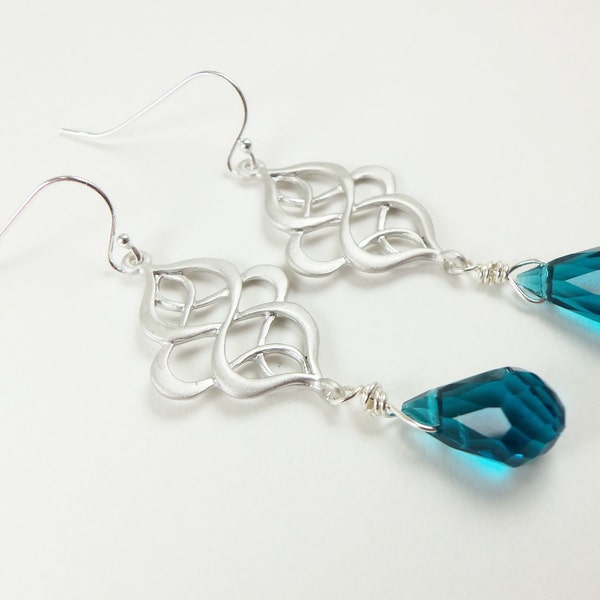 Wire Wrapped Earrings Blue Crystal Drops Sterling Silver Dangle Earrings Jewelry