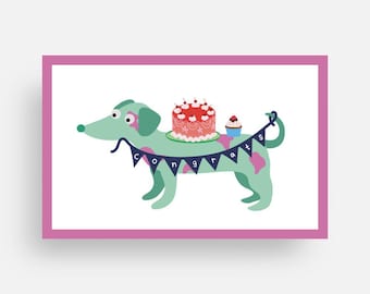 Carte d&#39;anniversaire teckel : chien viennois avec gâteau, amoureux des chiens
