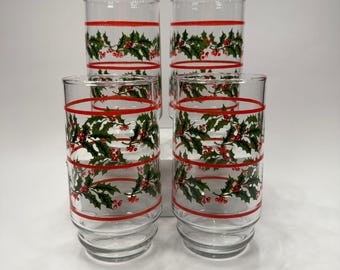 Ensemble de 4 verres vintage Indiana Holly & Berries en verre