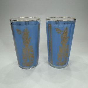 Set of 2 Culver Thai Goddess Gold Blue MCM Highball Glasses