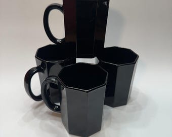 Set of 4 1980s Arcoroc French Octagon Black Porcelain Coffee Mugs