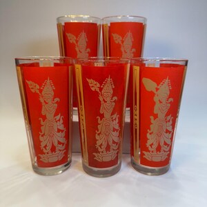 Set of 5 Culver Thai Goddess Gold Red MCM Highball Glasses