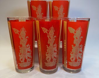 Set of 5 Culver Thai Goddess Gold Red MCM Highball Glasses