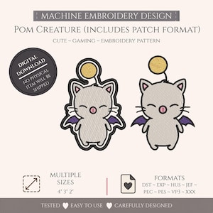 May include: Machine embroidery design of a grey pom creature with purple wings, a pink nose, and a yellow antenna. Text includes: MACHINE EMBROIDERY DESIGN, POM CREATURE (INCLUDES PATCH FORMAT), CUTE ~ GAMING ~ EMBROIDERY PATTERN, DIGITAL DOWNLOAD, NO PHYSICAL ITEM WILL BE SHIPPED, MULTIPLE SIZES 4" 3" 2", FORMATS DST ~ EXP ~ HUS ~ JEF ~ PEC ~ PES ~ VP3 ~ XXX, TESTED, EASY TO USE, CAREFULLY DESIGNED.