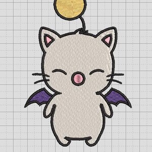 May include: An embroidered design of a light gray creature with a round head, pointed ears, and a small pink nose. It features purple bat-like wings, three whiskers on each side, and a yellow circular pom-pom floating above its head on a thin line.