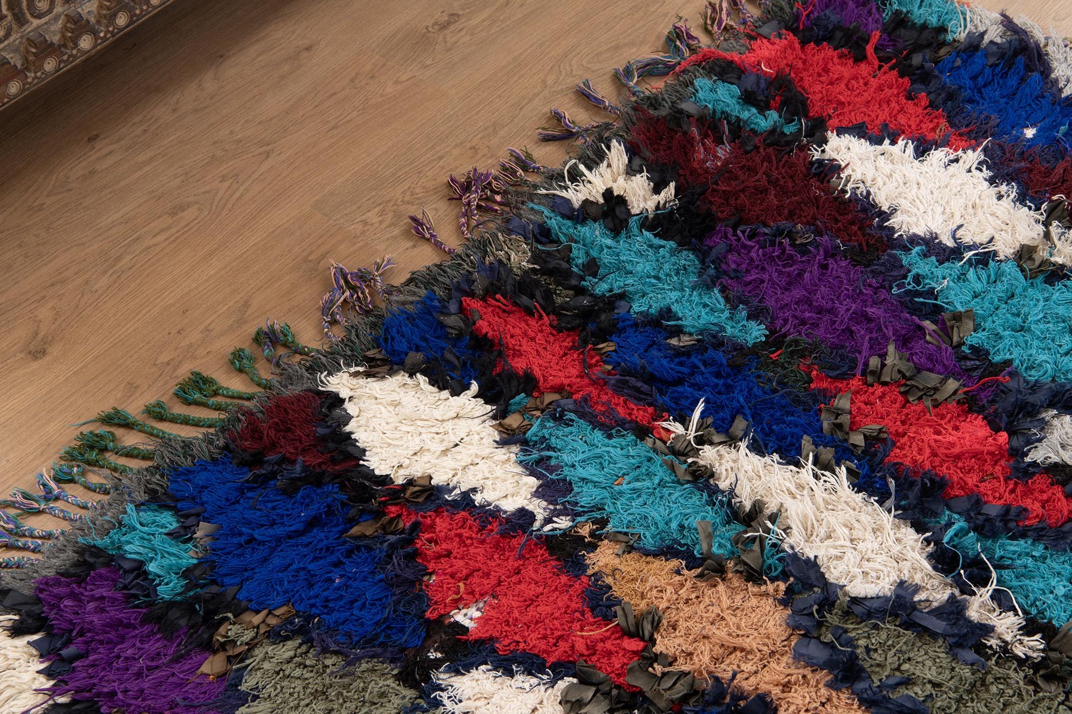 ヴィンテージブルーブーシュルイットラグ：本物のモロッコチェック柄