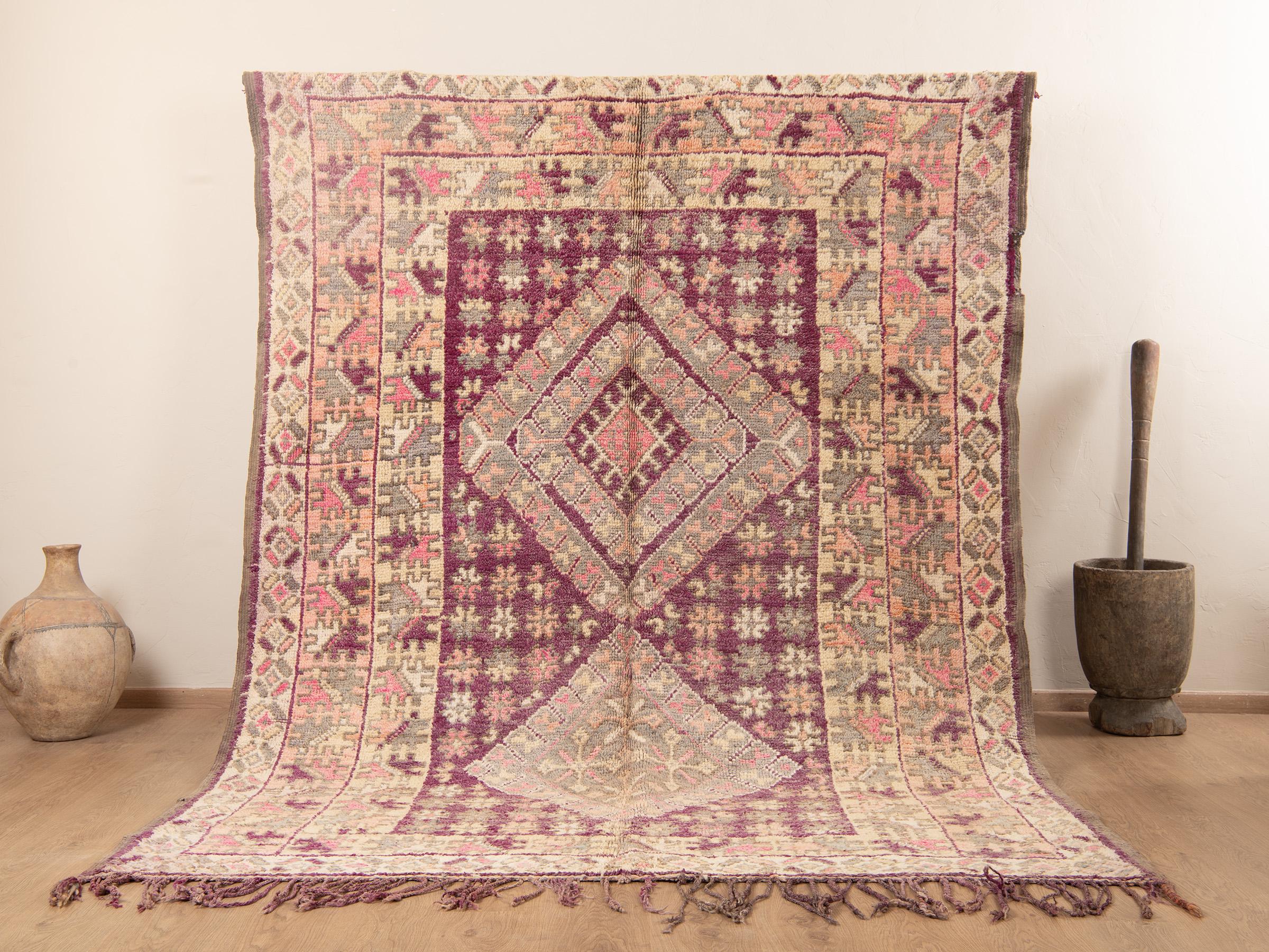 ヴィンテージパープルブージャードラグ、本物のモロッコラグ、9 x 7