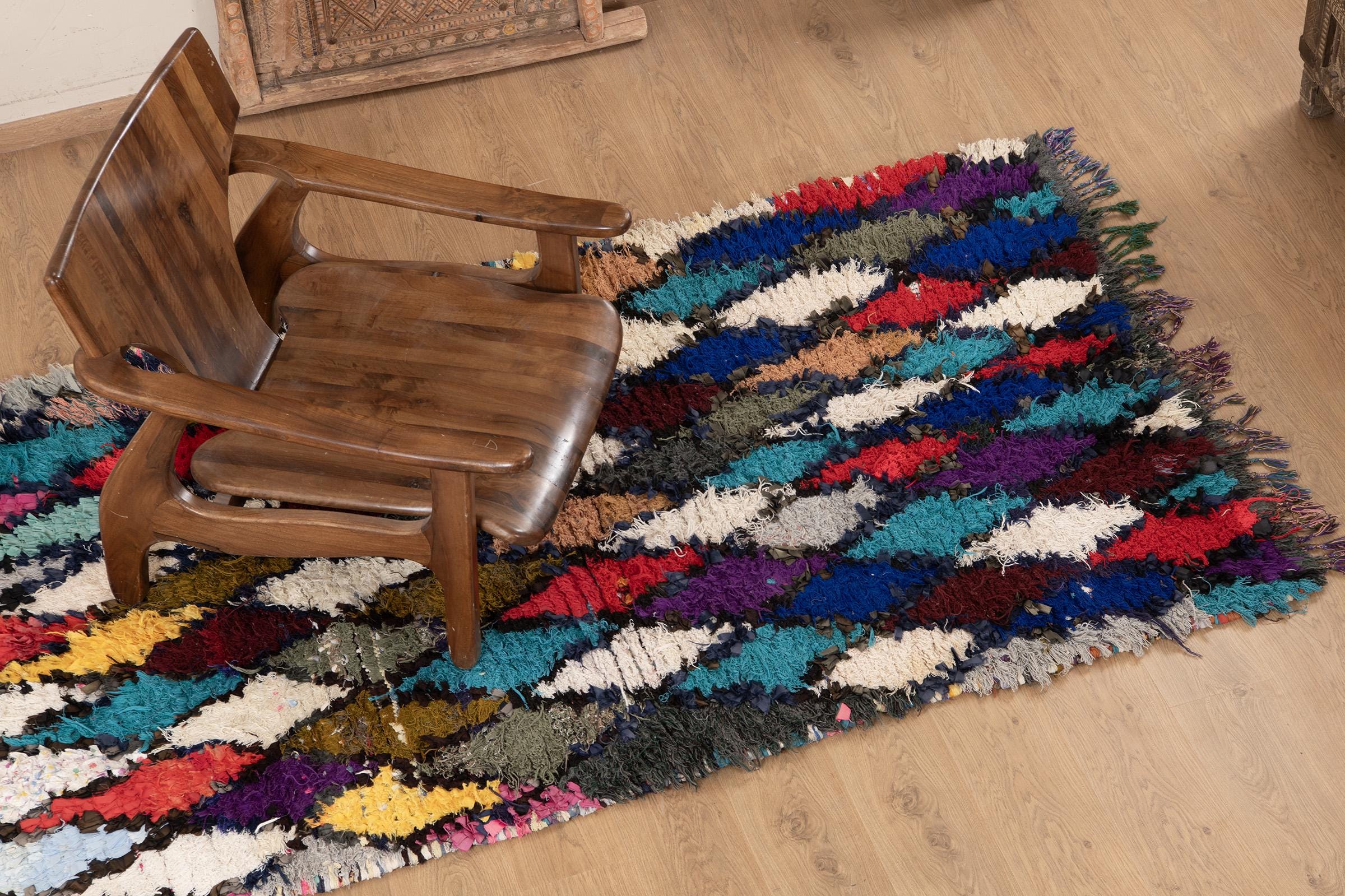 ヴィンテージブルーブーシュルイットラグ：本物のモロッコチェック柄