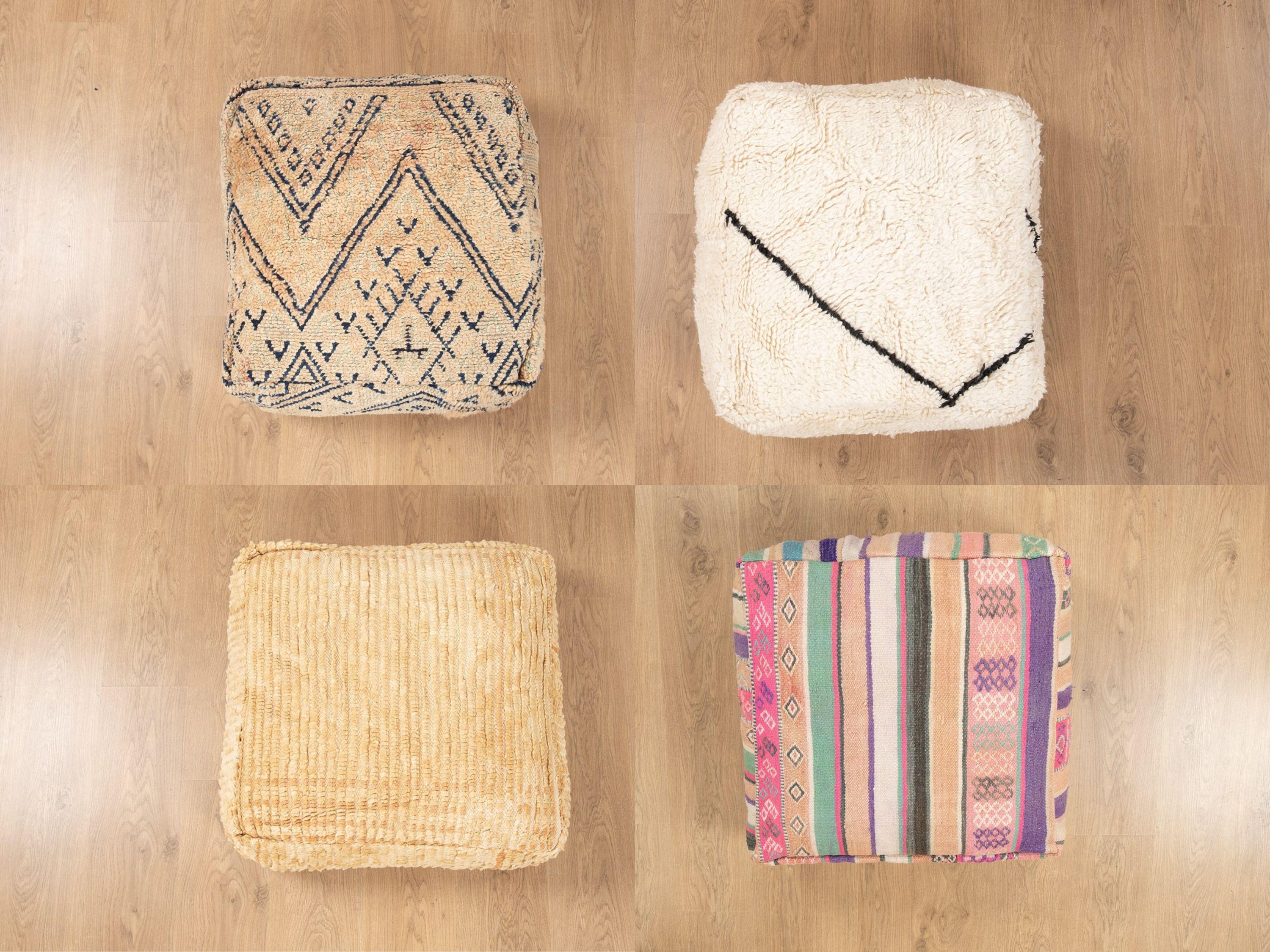 ヴィンテージモロッコウールプーフ4点：手織りキリムオットマン