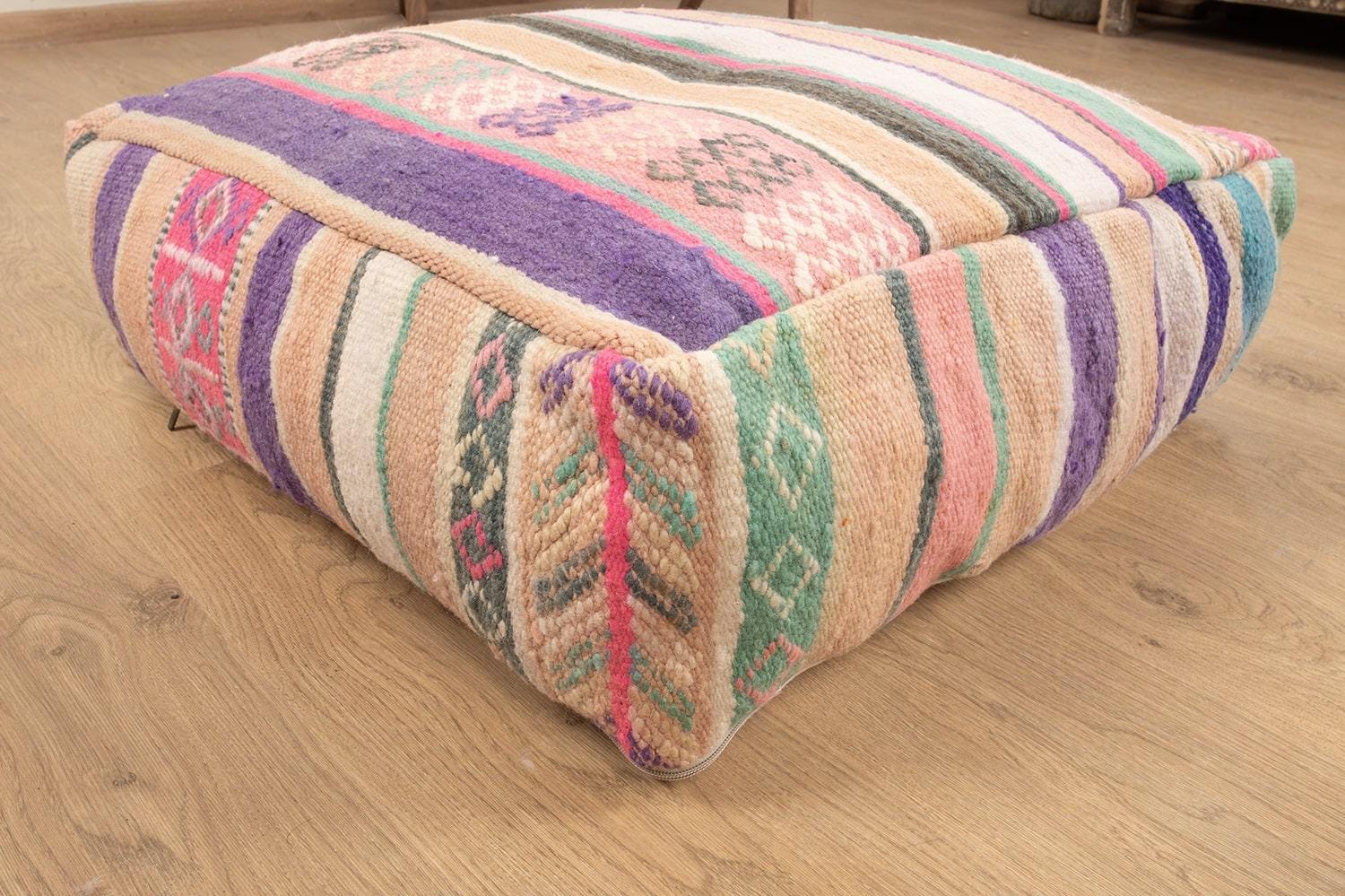 手織り風ウールクッションカバー モロッコ キリム 2枚セット プフ ヴィンテージモロッコウールプーフ4点：手織りキリムオットマン