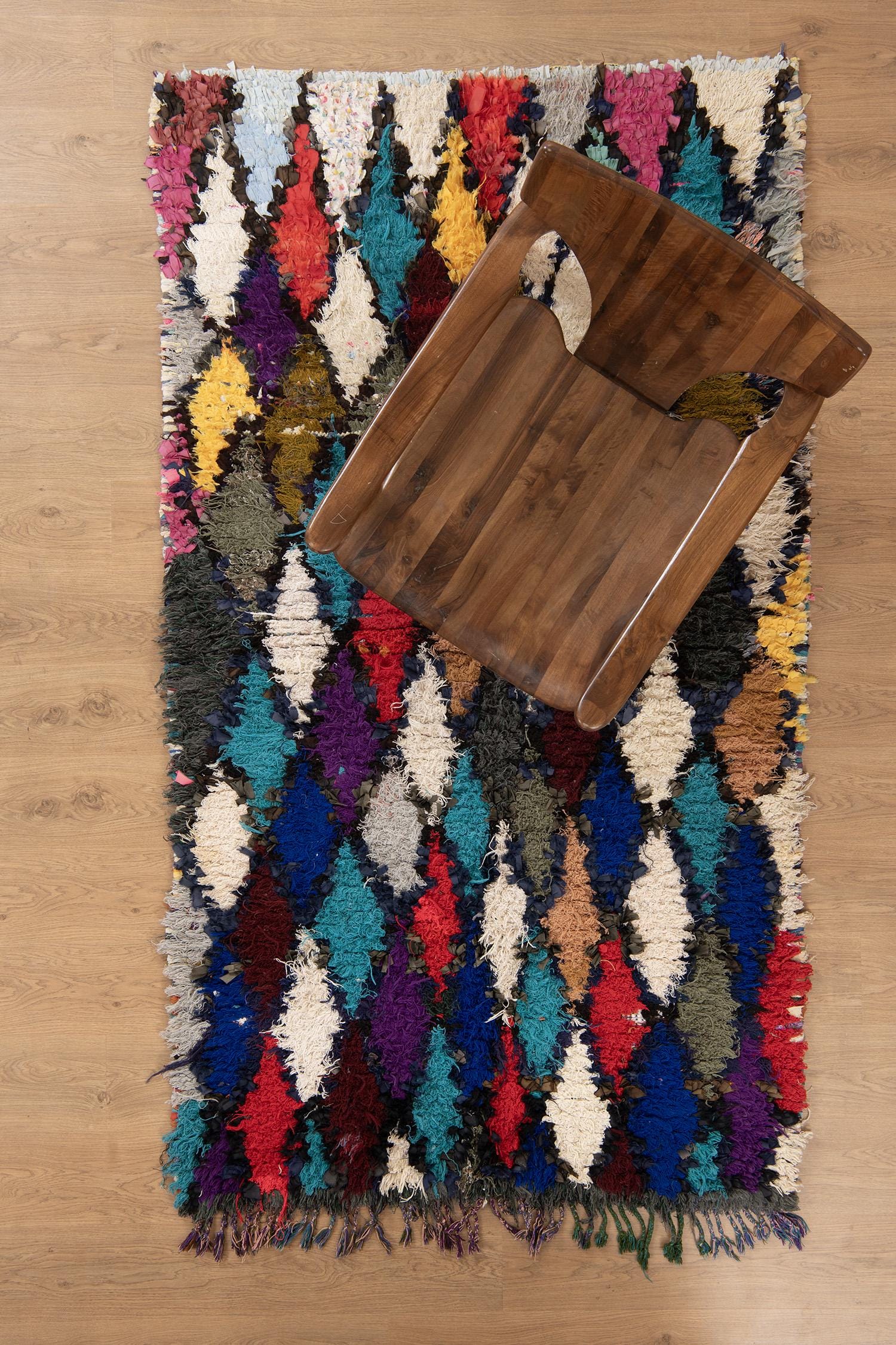 ヴィンテージブルーブーシュルイットラグ：本物のモロッコチェック柄