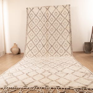 Large Beni Ourain Rug: Beige Moroccan Wool Rug with Brown Geometric Diamond