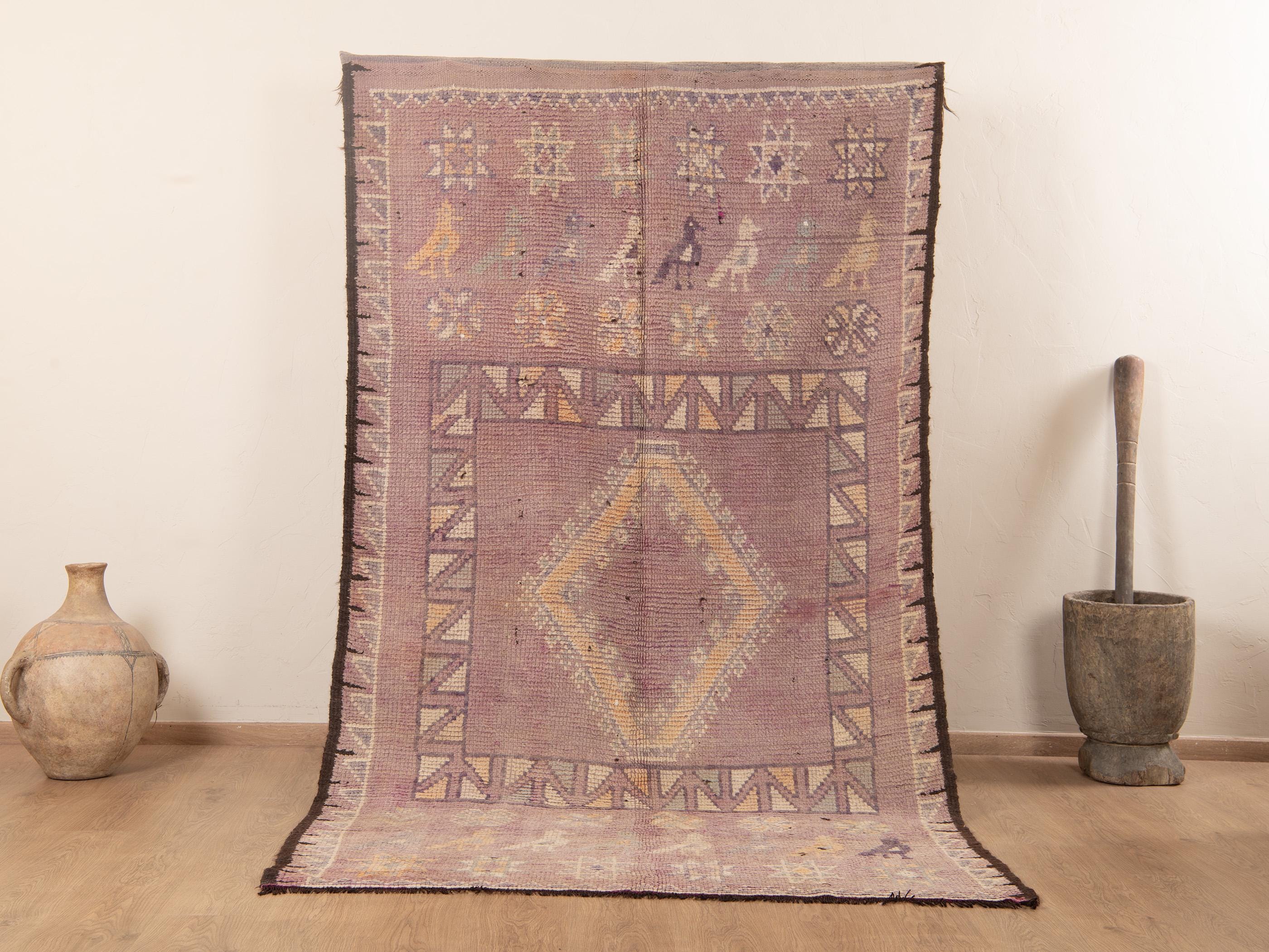 ヴィンテージパープルブージャードラグ、本物のモロッコラグ、9 x 5