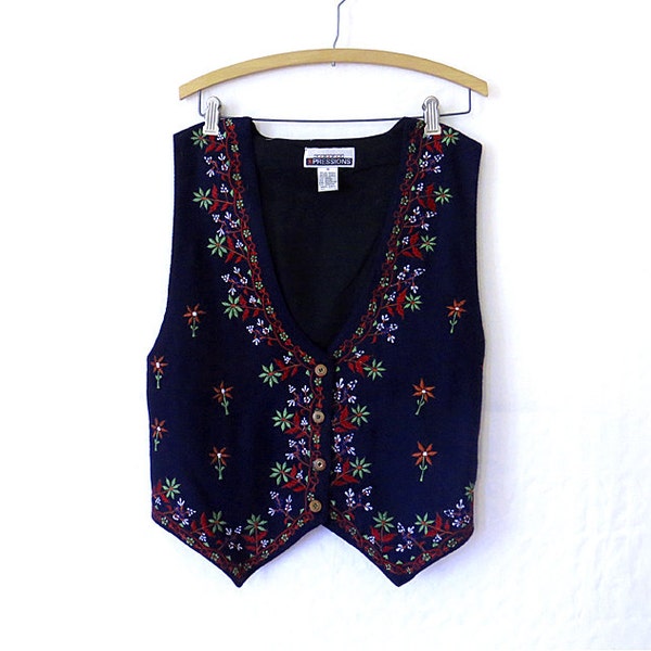 Vintage Body Xpressions Vest Navy blue wool outerwear Women's wool clothing Embroidered vest Floral design Wooden buttons size M